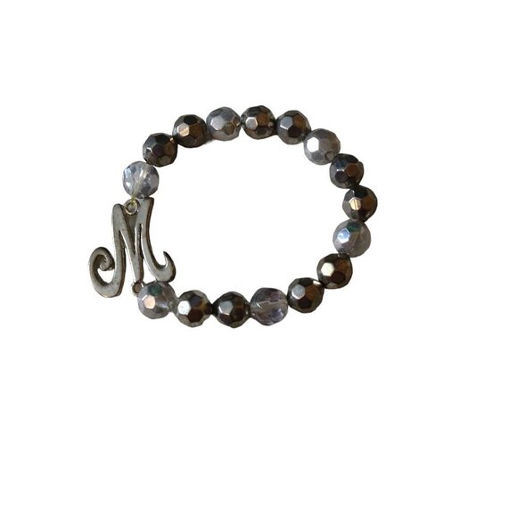 COOKIE LEE Monogrammed "M" Stretch Gray Clear Glass Beaded Bracelet J2 - Picture 1 of 4